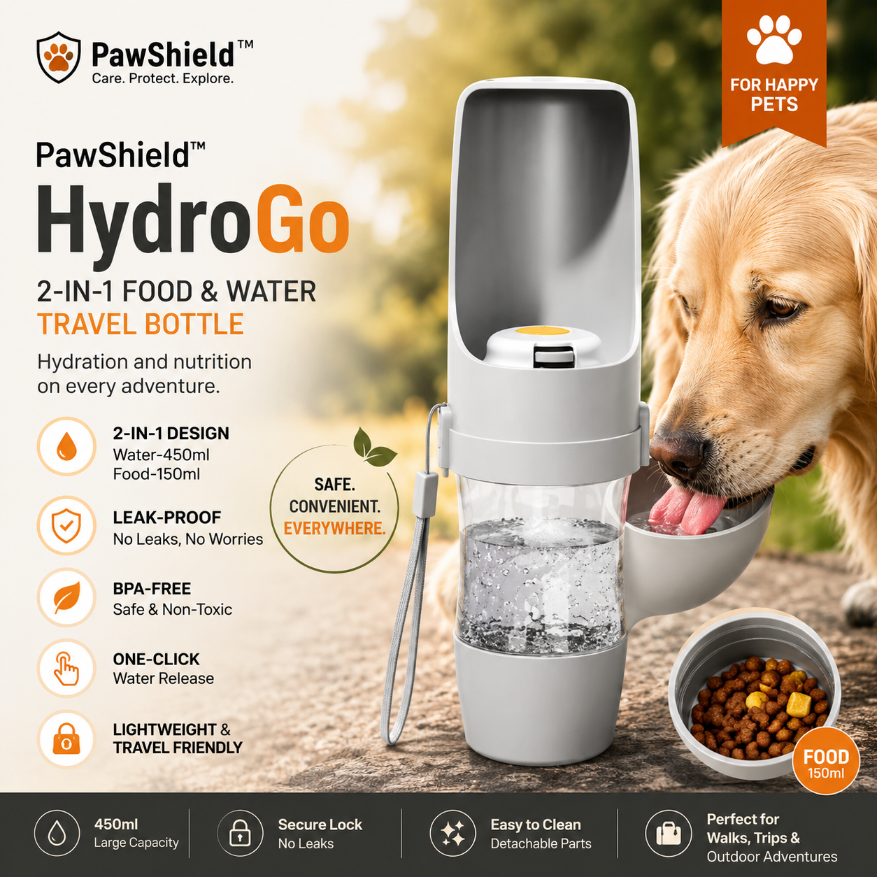 PawShield™ HydroGo 2-in-1 Food & Water Travel Bottle